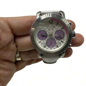 Coach Women's Silver Dial White Leather Band Watch